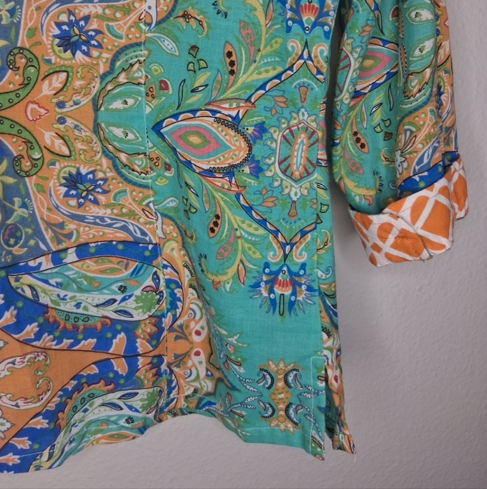 Tizzie Long Sleeve Button Up Blouse Preppy Paisley Bright Colorful Cotton Size S - Picture 11 of 16